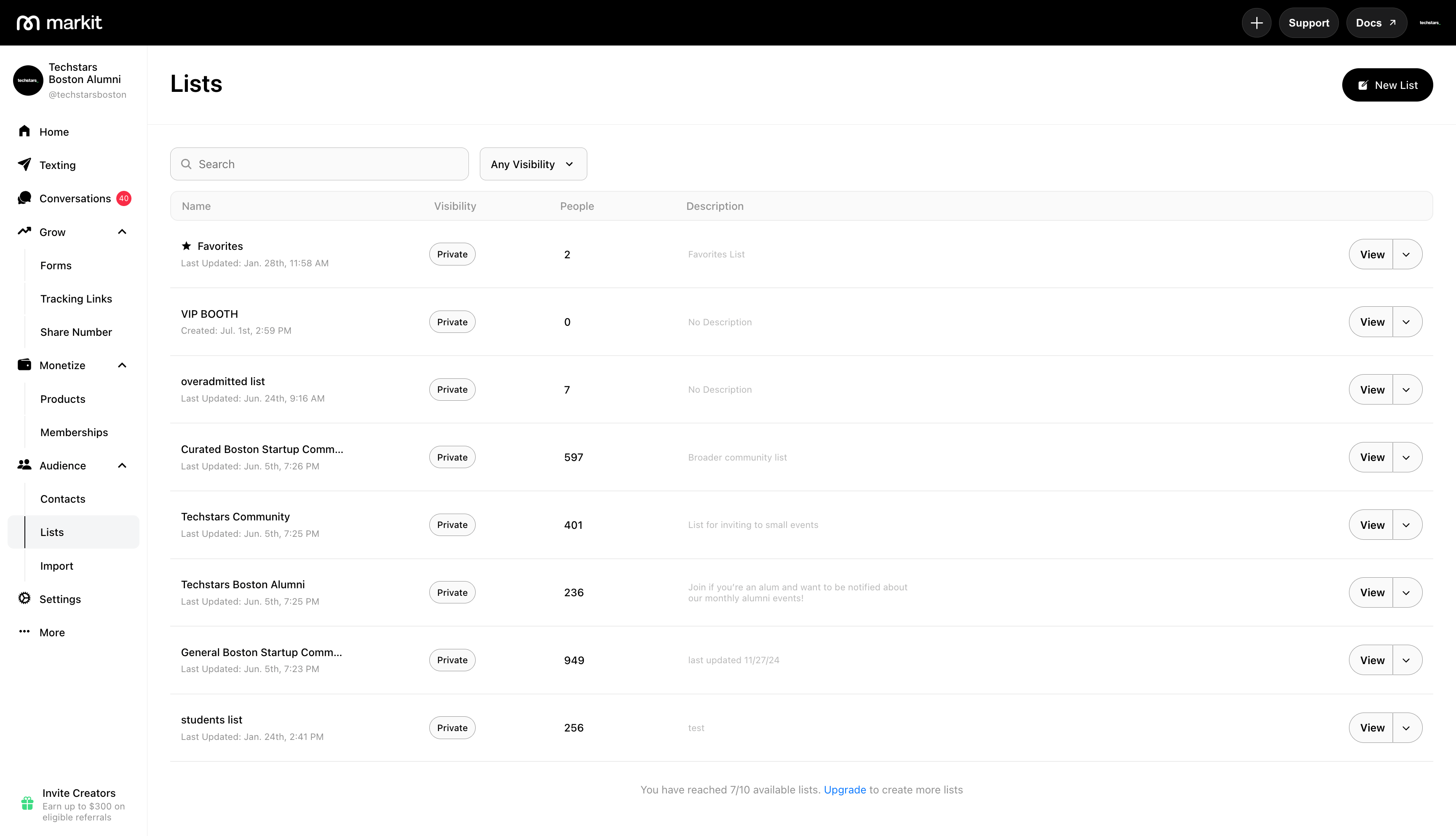 Lists top level screen