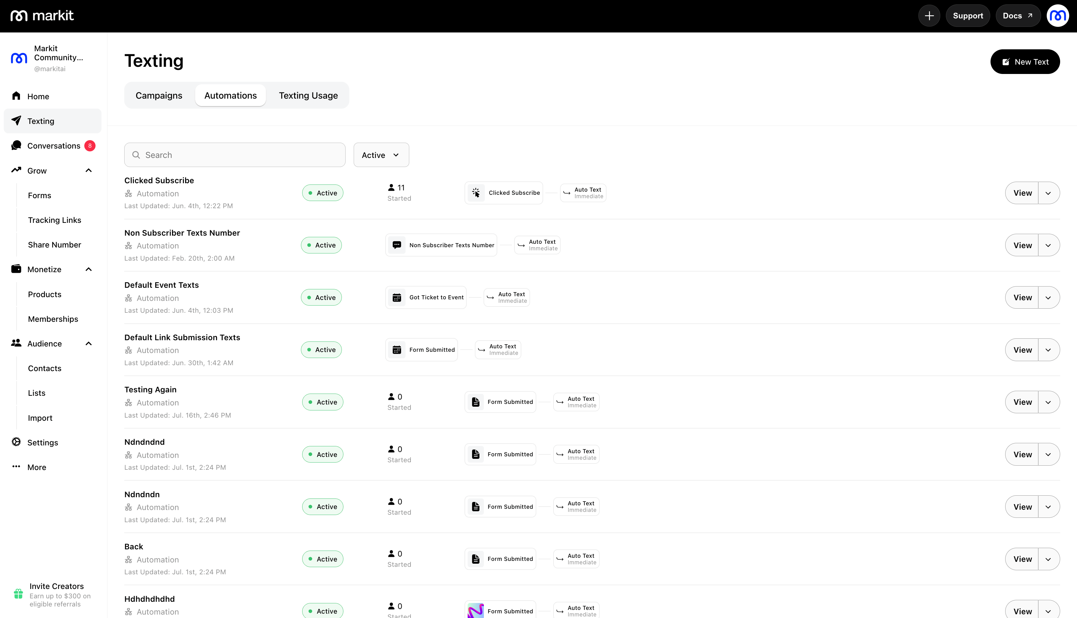 Automations top level screen